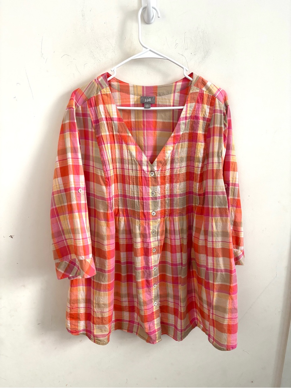 J.Jill Plaid Shirt Blue 2X Lightweight Button Up 3/4 Sleeves Orange V-Neck